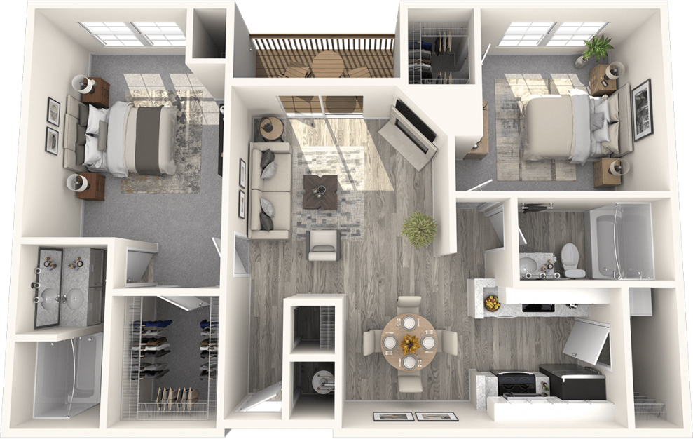 C | CP | CBR - 2 bedroom floorplan layout with 2 baths and 984 square feet.